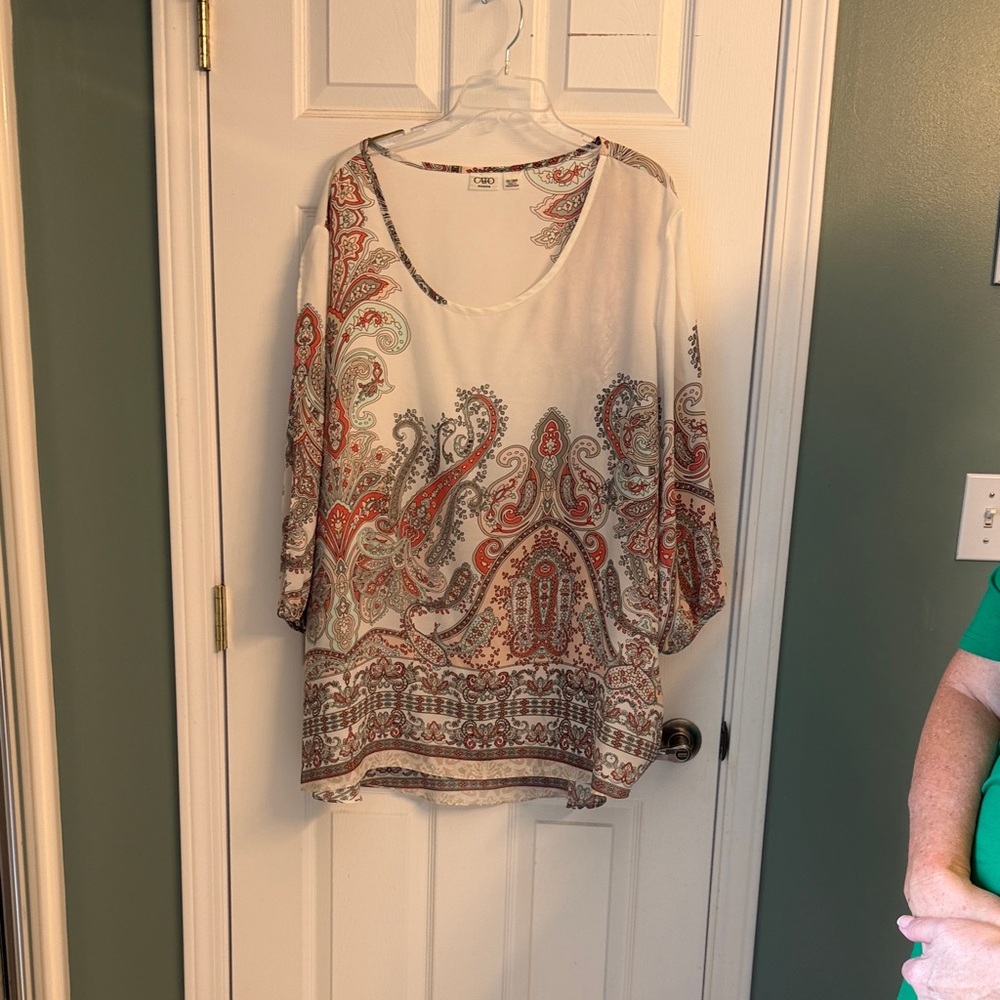 Cato Cream Paisley Scoop-Neck blouse with Rust & Sage Accents